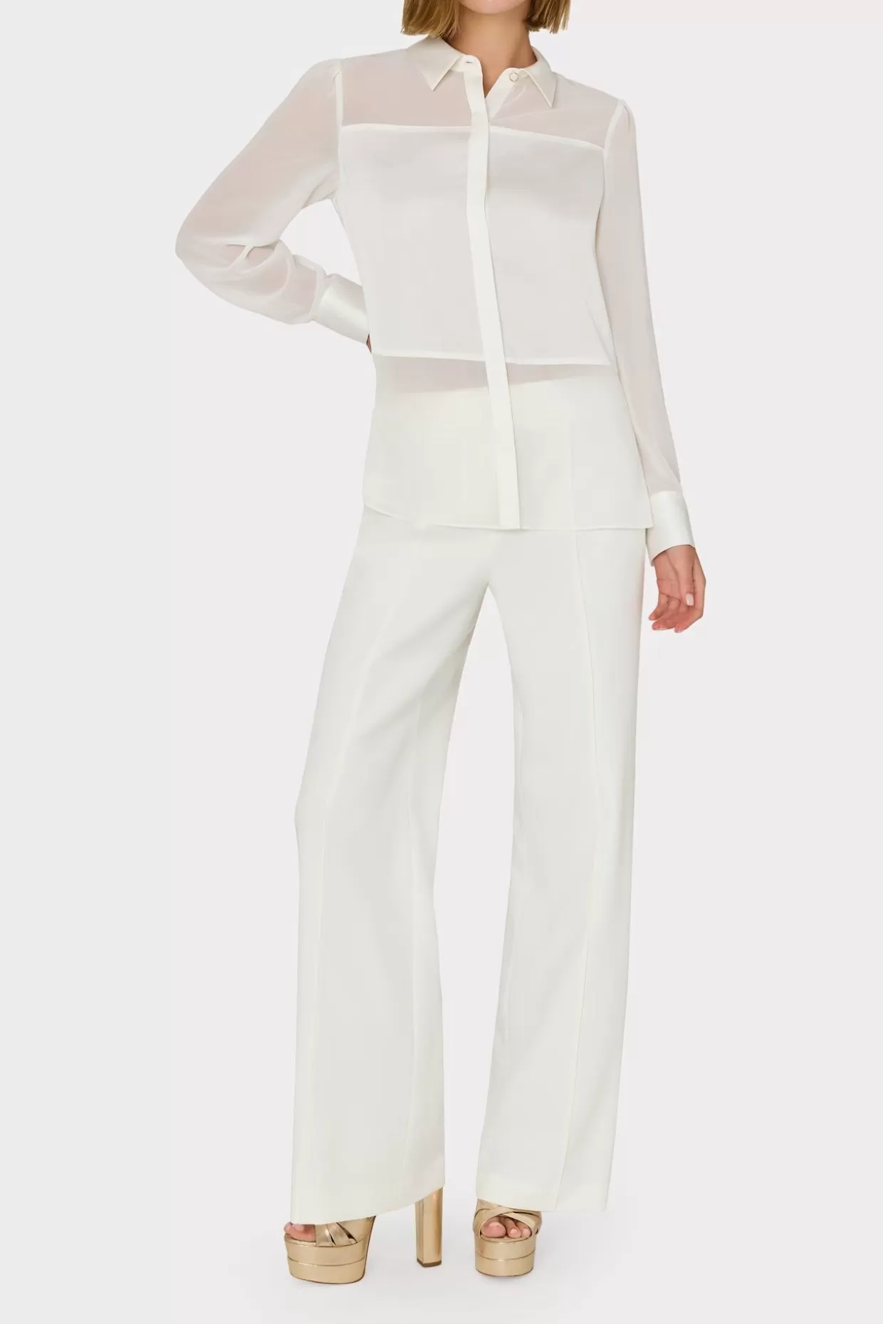 Jumpsuits & Rompers-MILLY Andy Satin Combo Button Up Blouse White