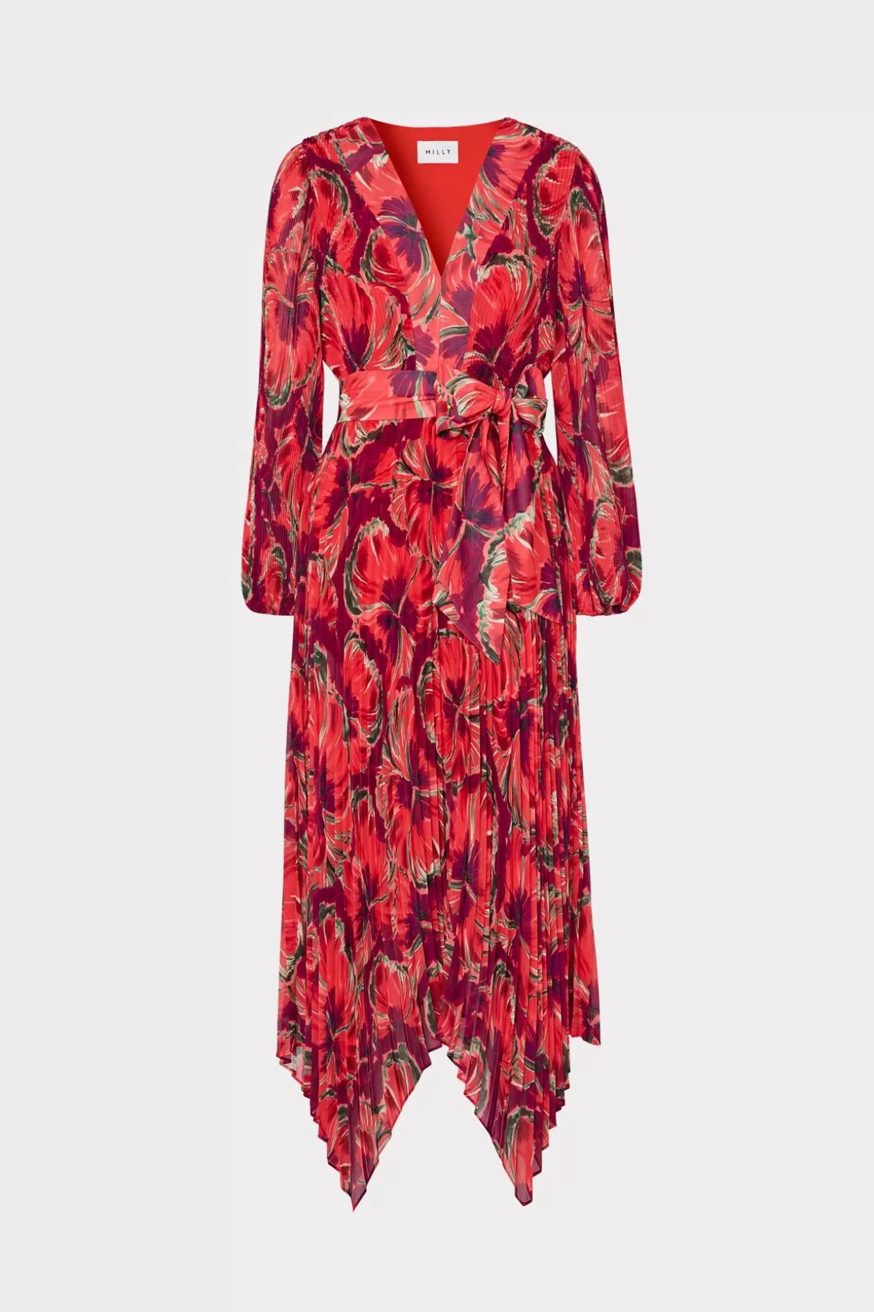 Maxi Dresses-MILLY Liora Windmill Floral Pleated Dress Red Multi