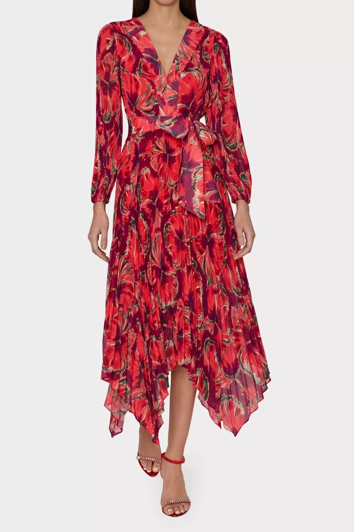 Maxi Dresses-MILLY Liora Windmill Floral Pleated Dress Red Multi