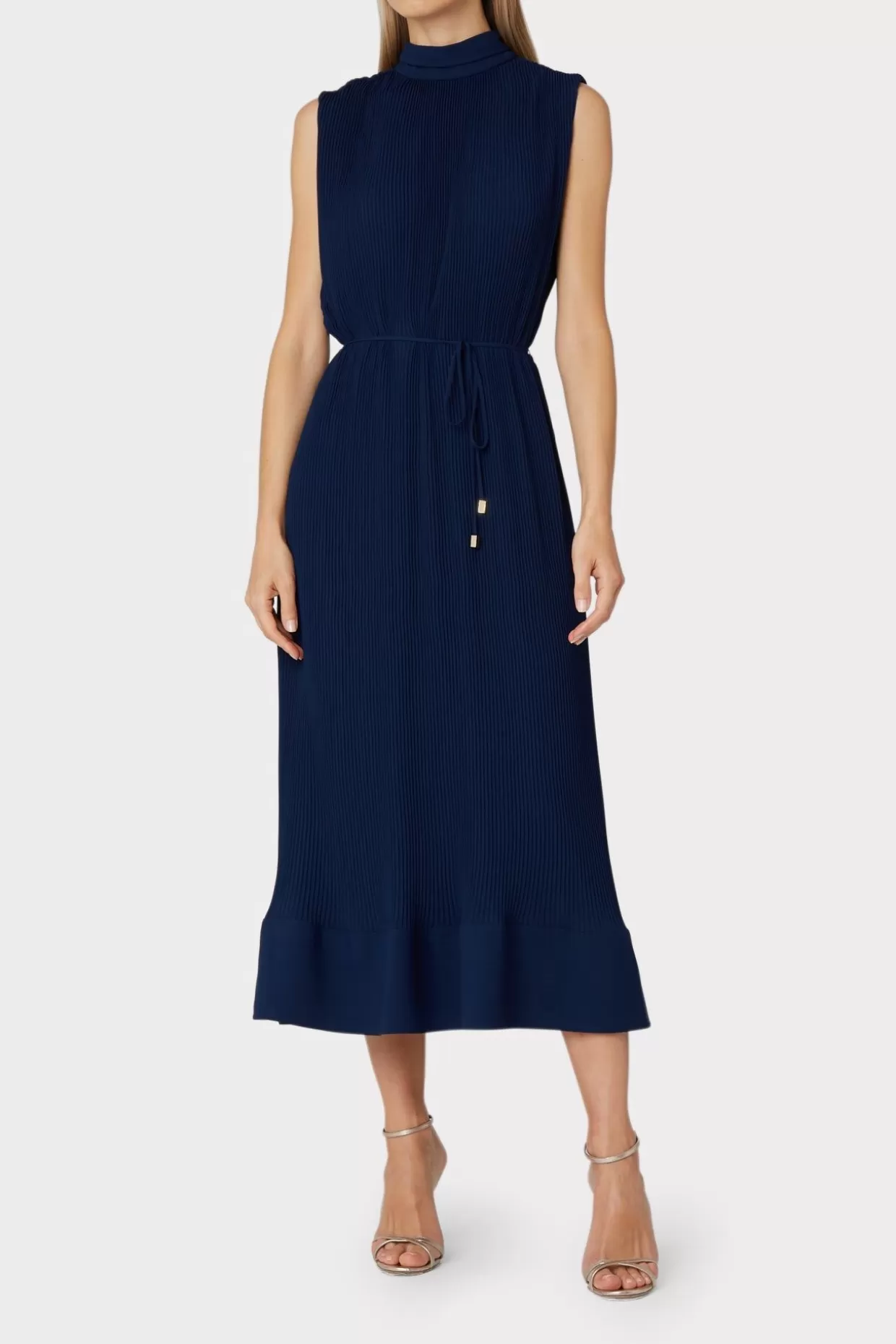 Maxi Dresses-MILLY Melina Solid Pleated Dress Navy