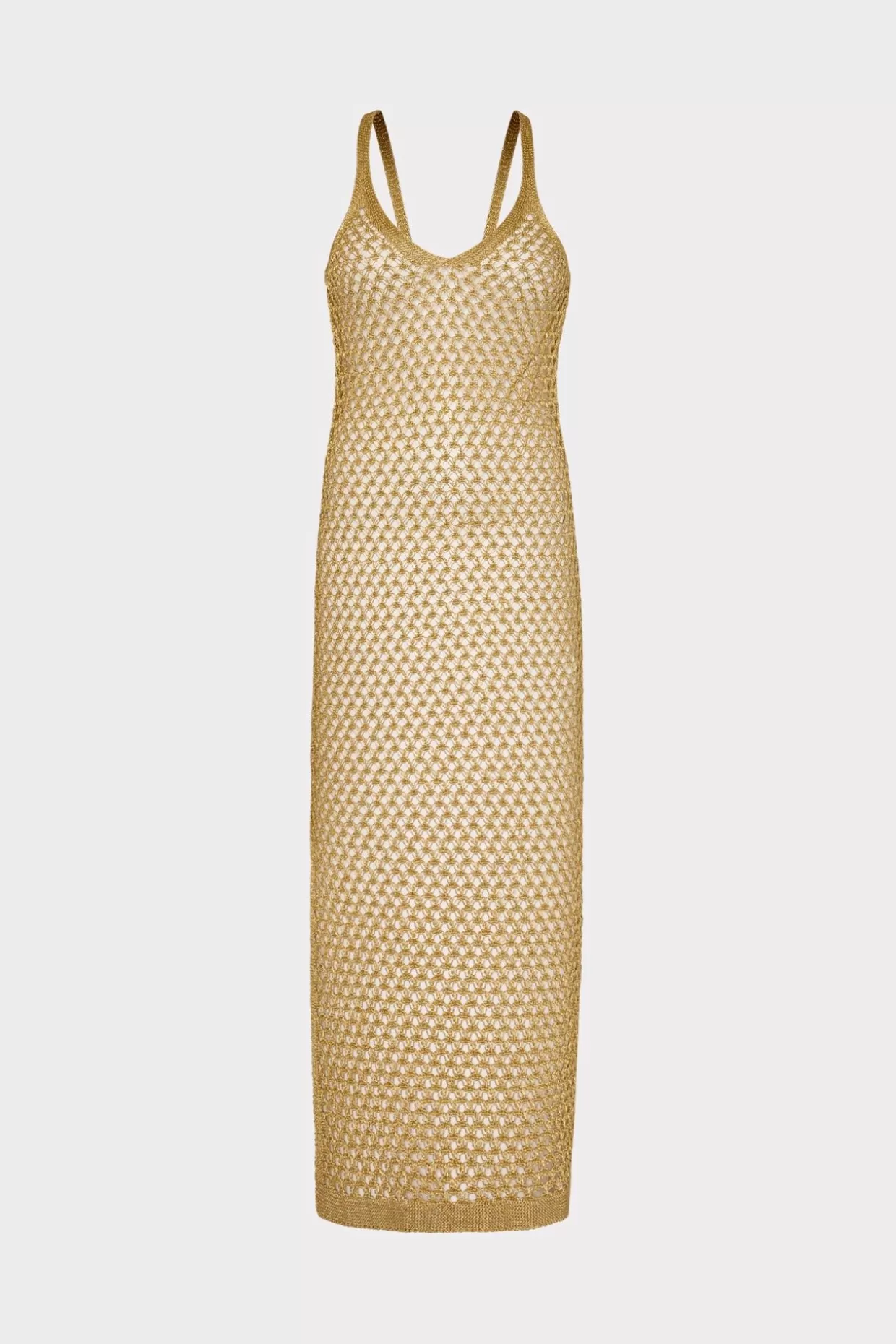 Cover-Ups-MILLY Metallic Mesh V Neck Midi Cover-Up Dress Gold