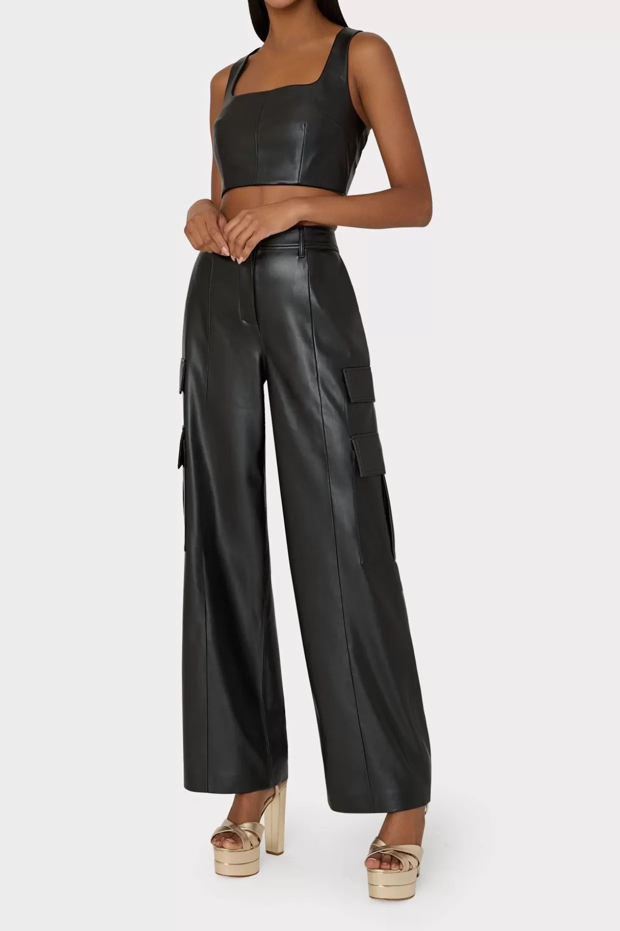 Matching Sets-MILLY Nickie Vegan Leather Crop Top Black