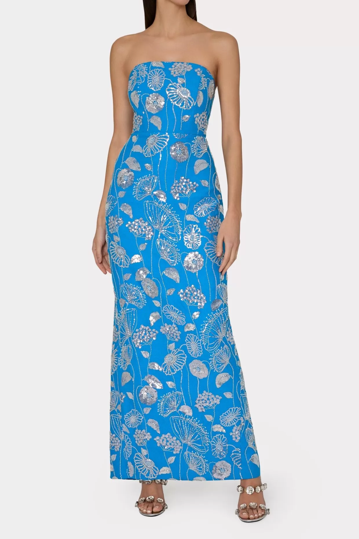 Maxi Dresses-MILLY Orion Sequin Embellished Linen Dress Blue/White