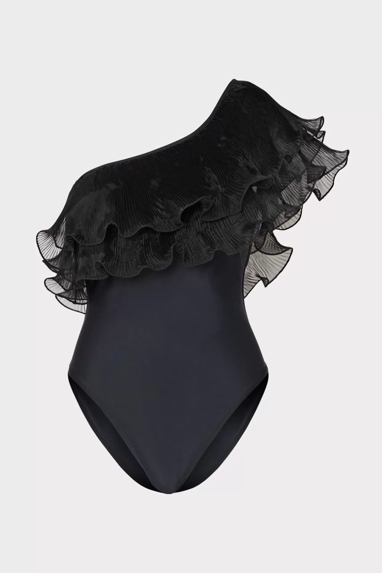 One Piece Swimsuits-MILLY Pleated Organza One Shoulder One Piece Black