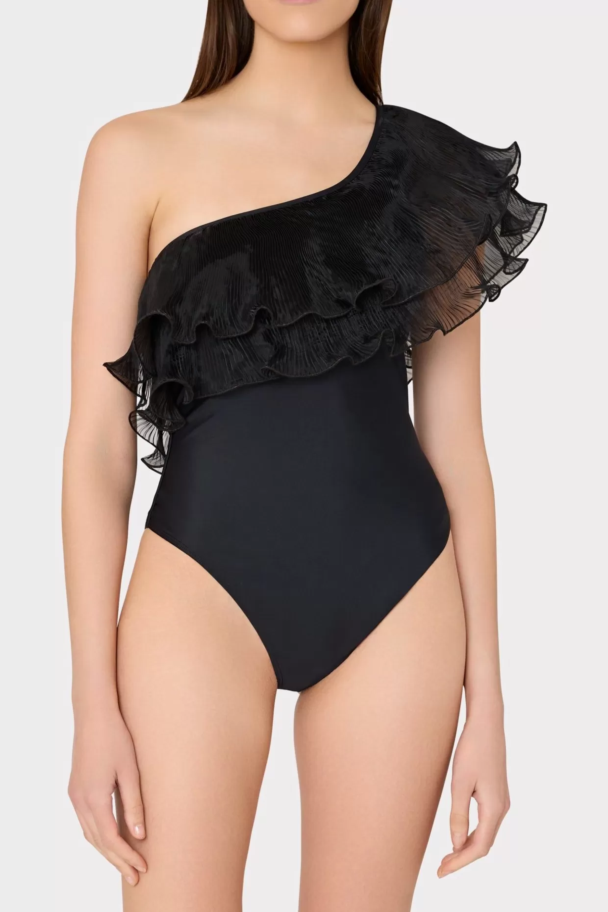 One Piece Swimsuits-MILLY Pleated Organza One Shoulder One Piece Black
