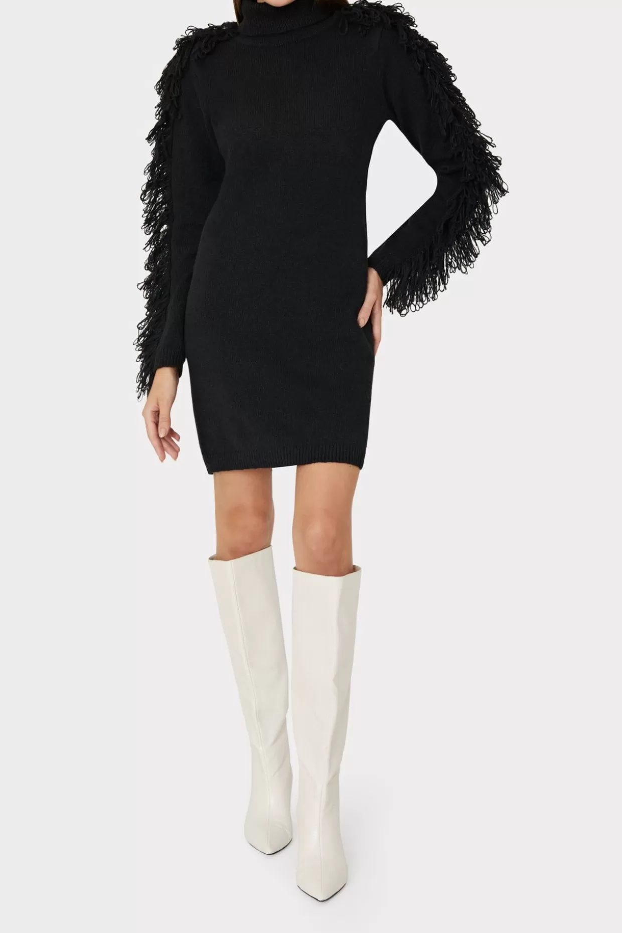 Little Black Dresses-MILLY Rowe Fringe Sleeve Turtleneck Mini Dress Black