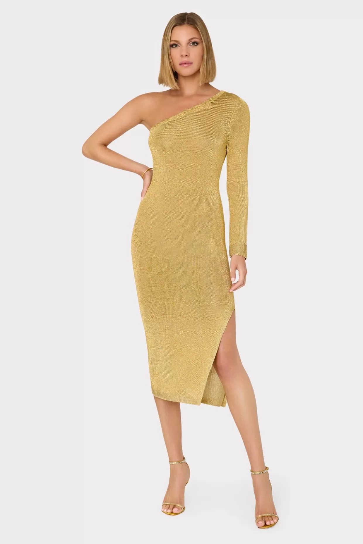 Sweaters & Knits-MILLY Senna Metallic One Shoulder Midi Dress Gold