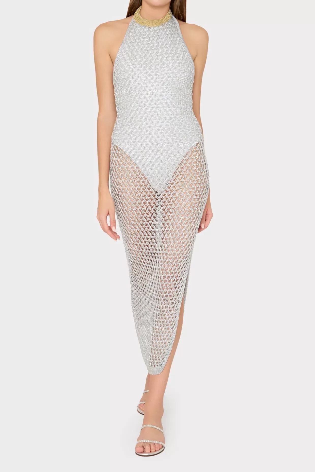 Jumpsuits & Rompers-MILLY Simone Metallic Halter Neck Knit Dress Silver