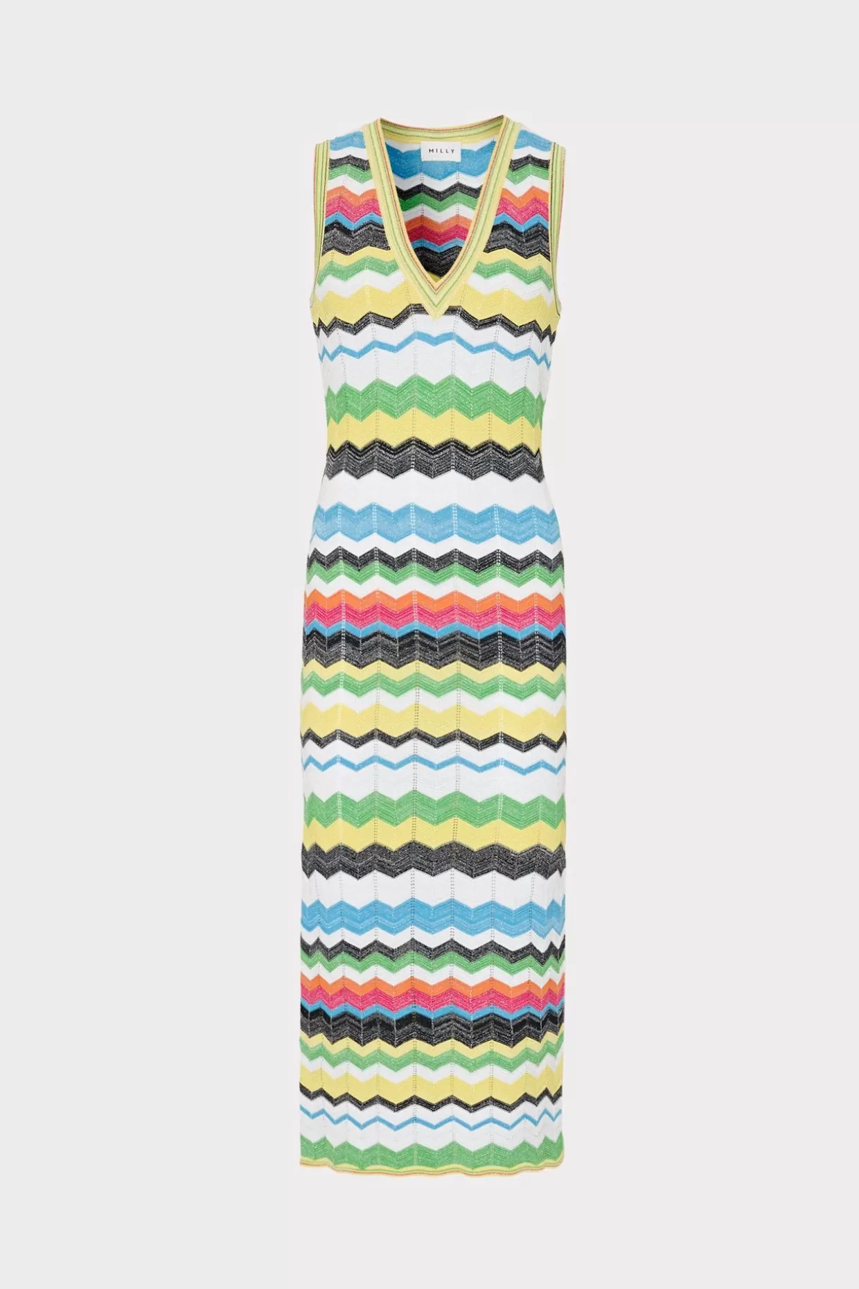 Sundresses-MILLY V-Neck Zig Zag Midi Dress Yellow Multi