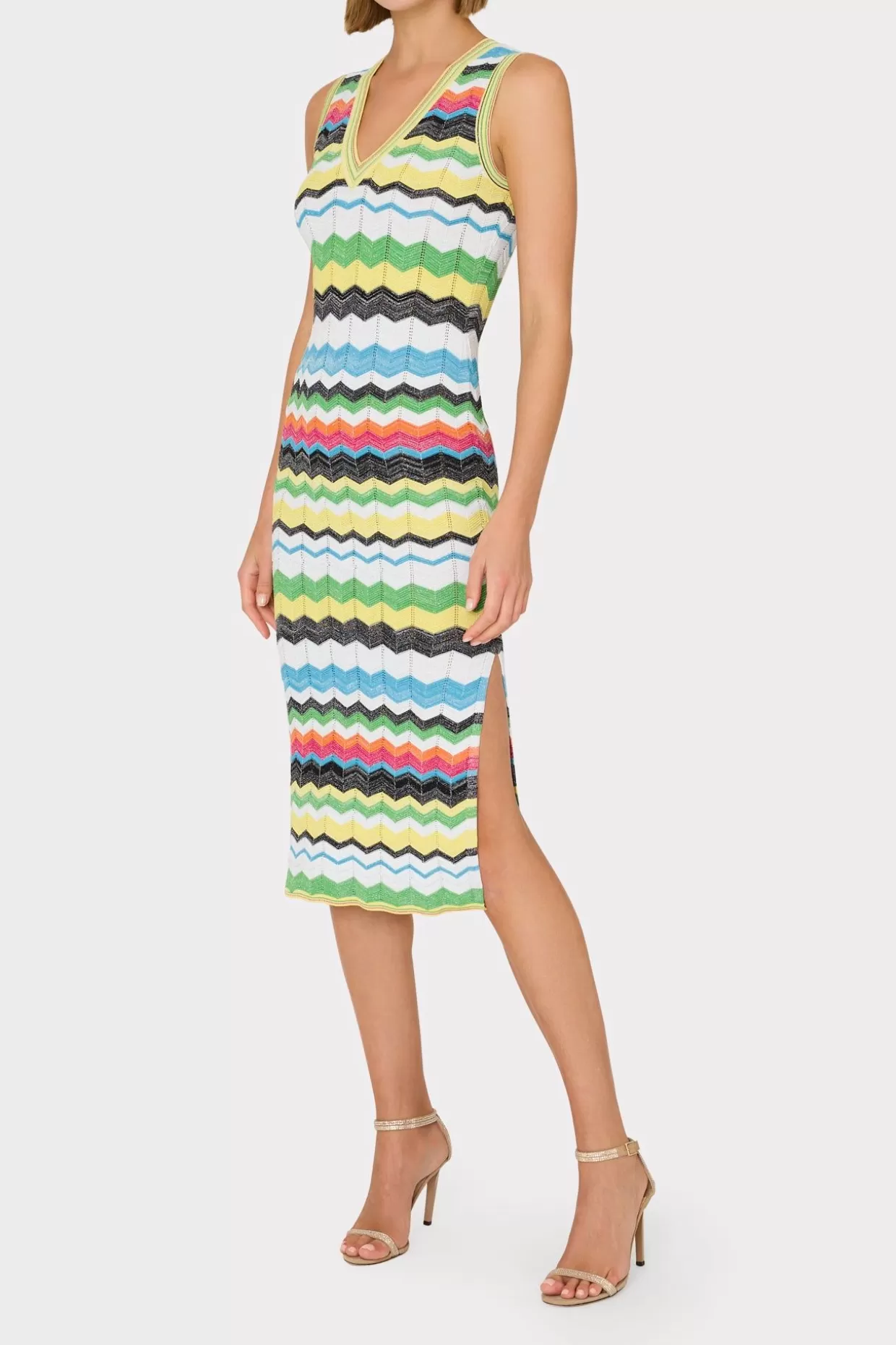 Sundresses-MILLY V-Neck Zig Zag Midi Dress Yellow Multi