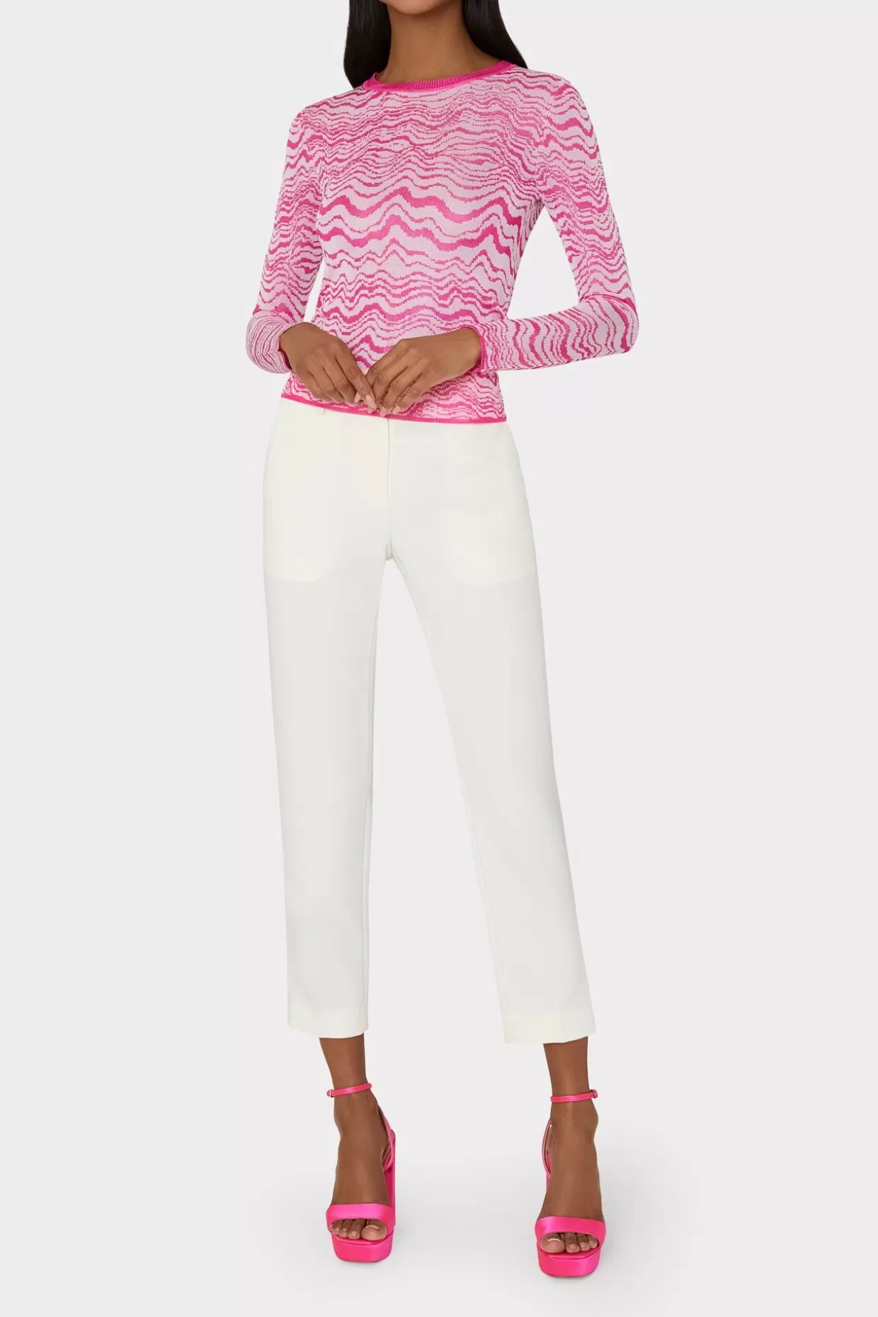 Sweaters & Knits-MILLY Wave Jacquard Crewneck Pullover Pink/Ecru